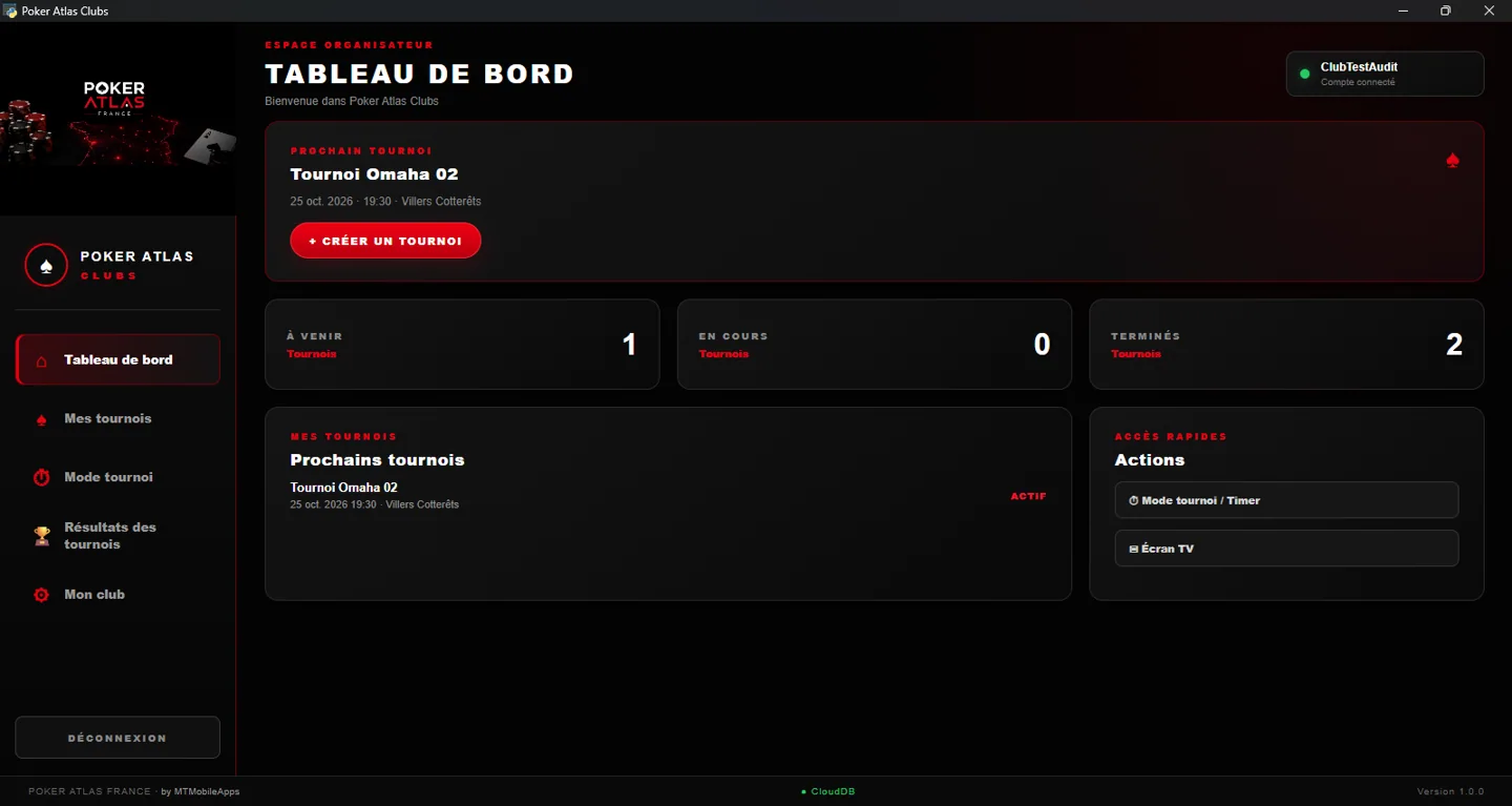 Tableau de bord de Poker Atlas Clubs