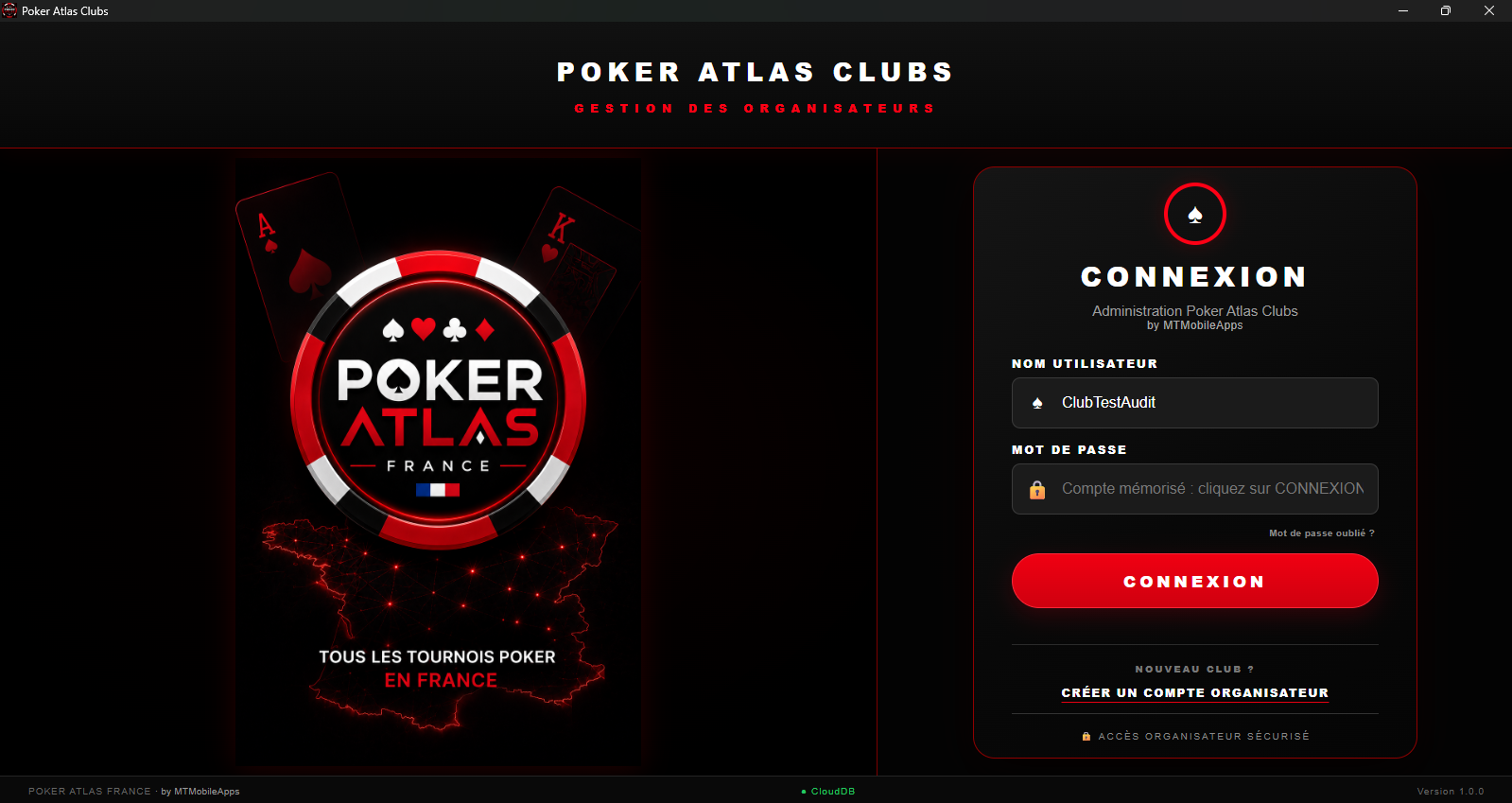 Écran de connexion du logiciel Windows Poker Atlas Clubs