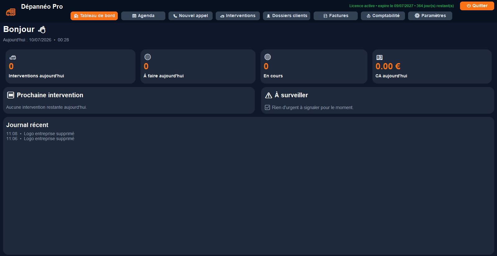 Tableau de bord Dépannéo Pro